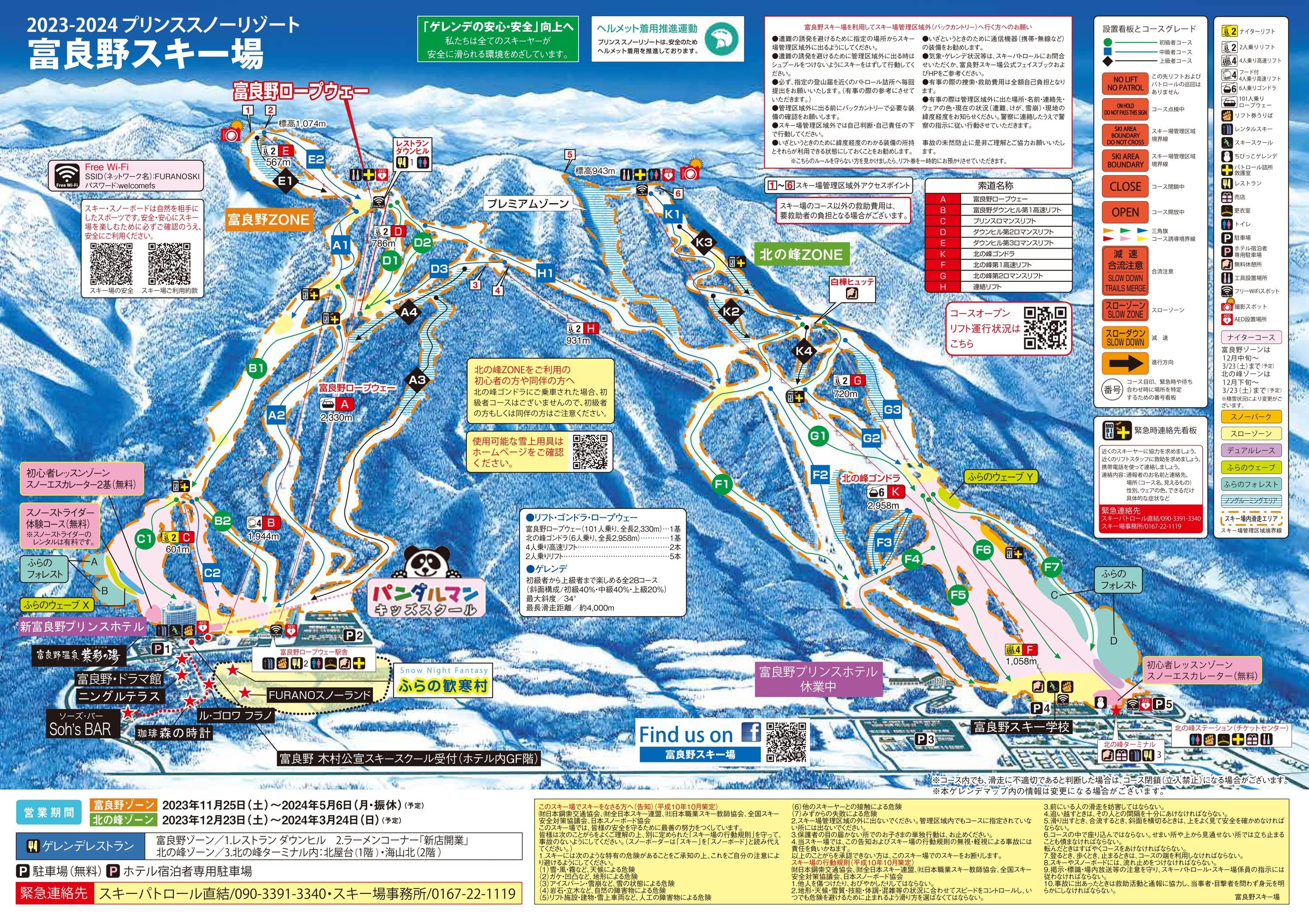富良野滑雪場雪道圖：左側富良野區、右側北之峰區的雪道與纜車配置