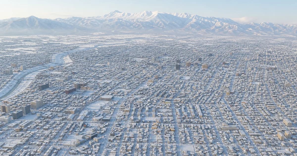 旭川市區與大雪山冬季雪景的寫實照片