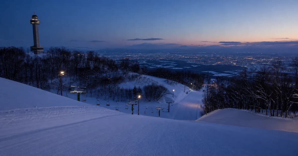 旭川聖誕禮物公園夜間空雪道與城市燈光的寫實照片
