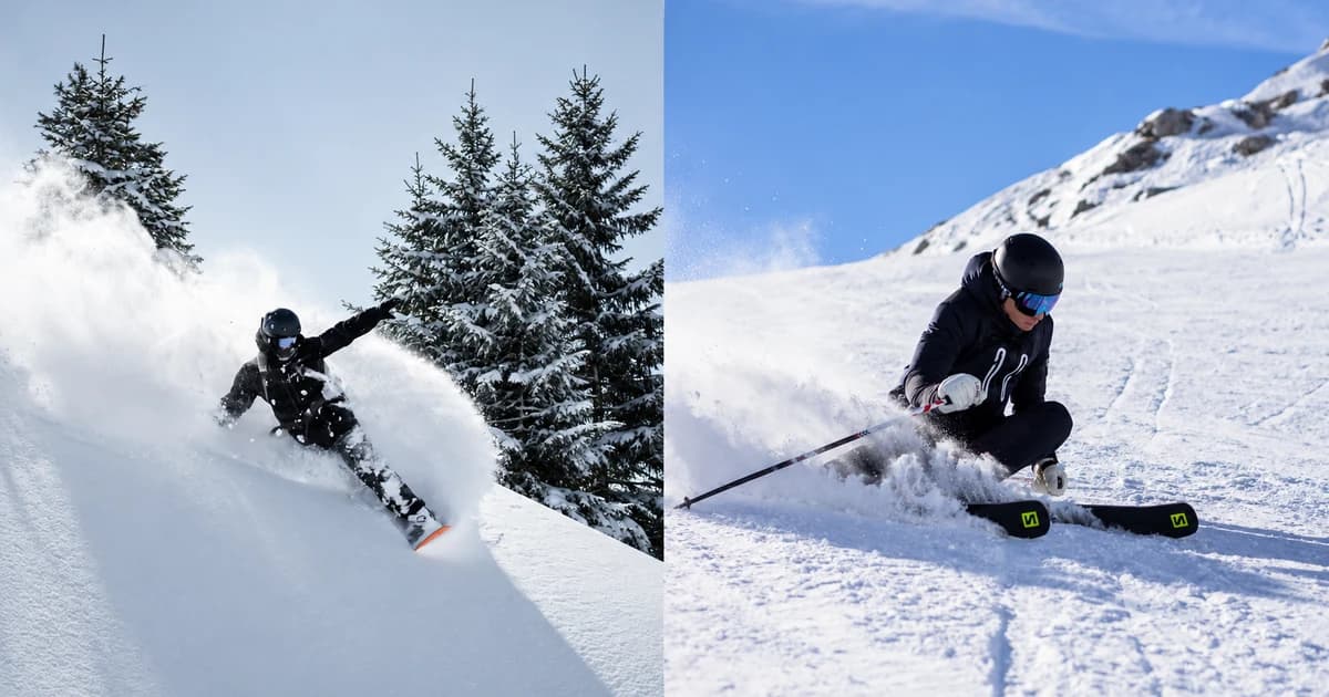 左側單板滑手在樹林旁的鬆雪上轉彎,右側雙板滑手在壓雪面上低身刻滑的對照照片