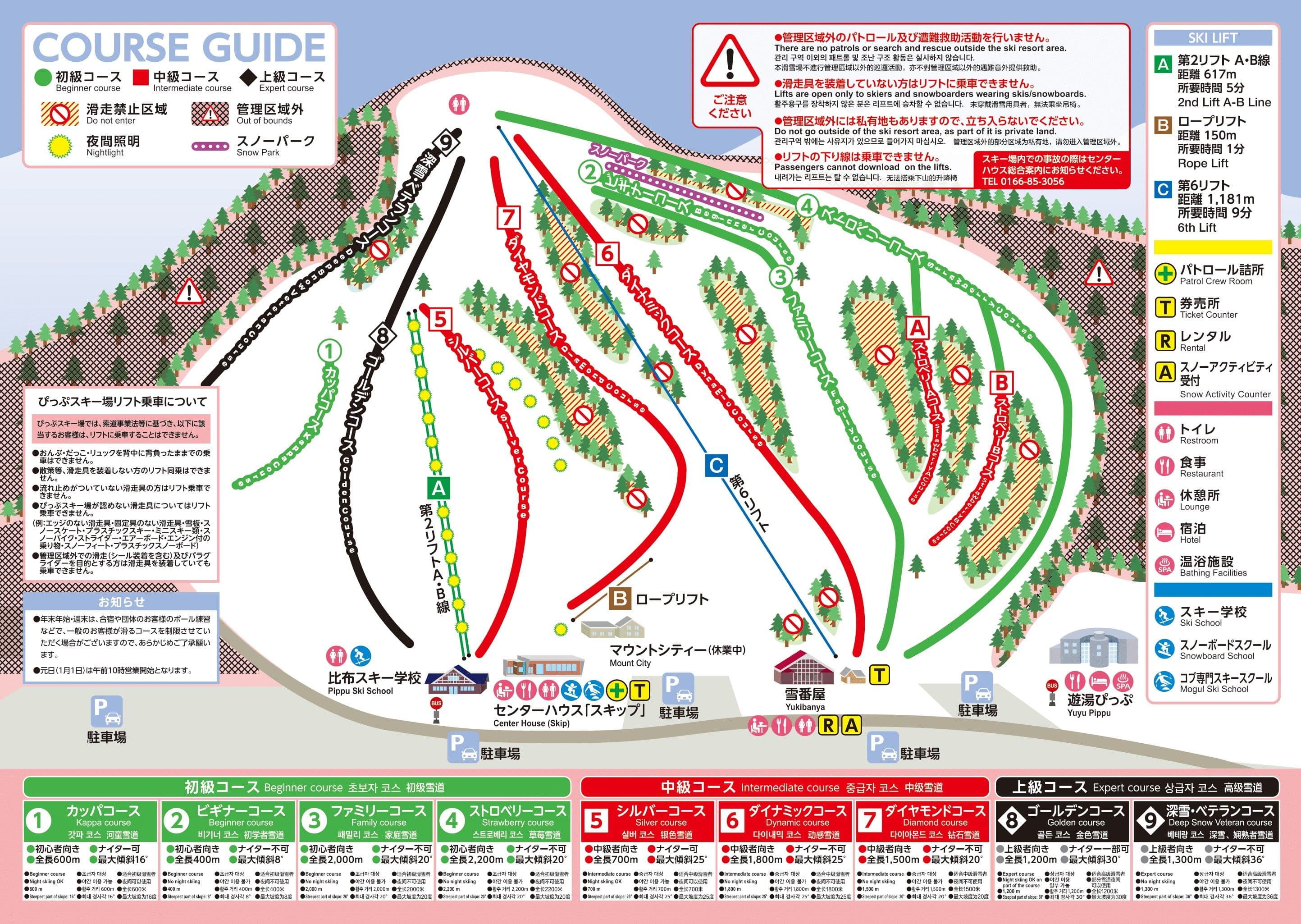 比布滑雪場雪道圖:九條雪道、第 2 吊椅、第 6 吊椅與繩索拖曳,以及 Center House、雪番屋的位置